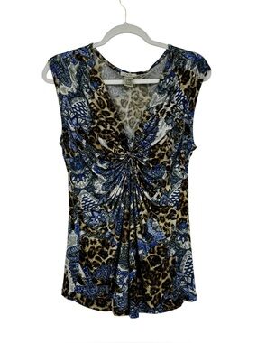 Vint Y2K Cache Med Multi Print Blue/Brown Poly/Span  V-Neck Sleeveless Tunic Top